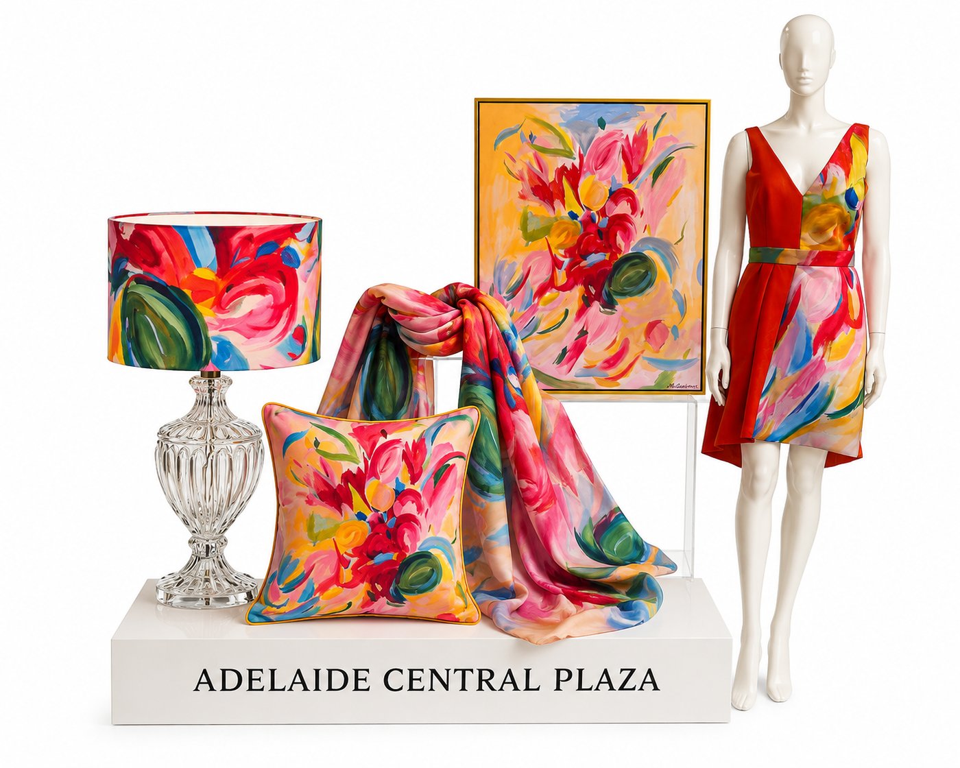 Adelaide Central Plaza exhibition display: Natalie Gardner's original painting alongside a hand-finished dress, lamp, cushion and silk throw — all in her signature floral palette