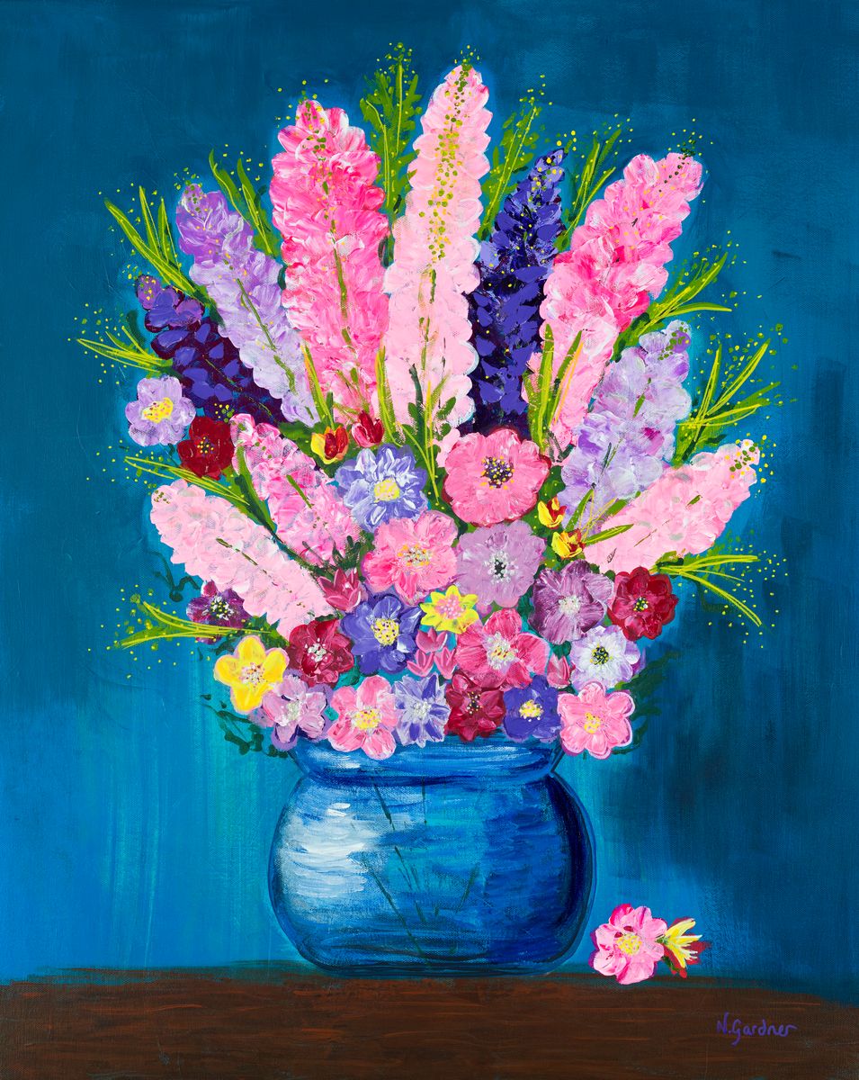 Original painting of an abundant bright pink bouquet in a blue vase