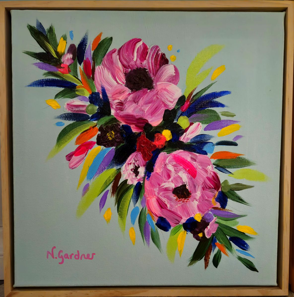 Original painting of pink peonies with colourful foliage on a soft mint green background, framed in pine