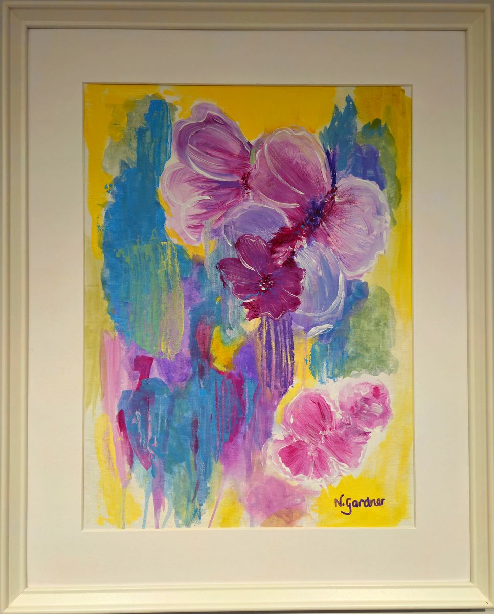Original abstract floral painting in purples, pinks, blues and yellows, matted and framed in white