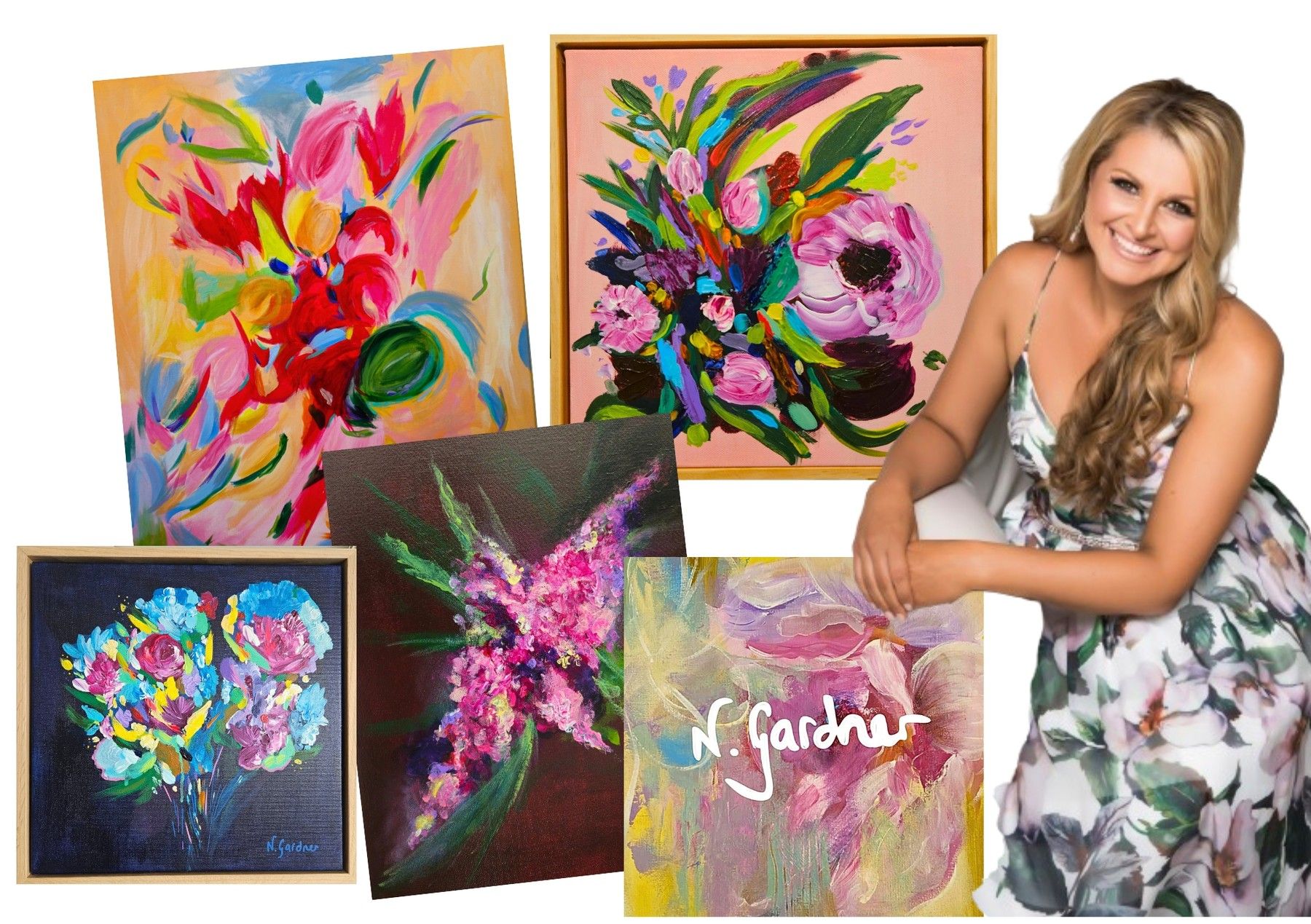 A collage of Natalie Gardner's original floral paintings alongside a portrait of the artist