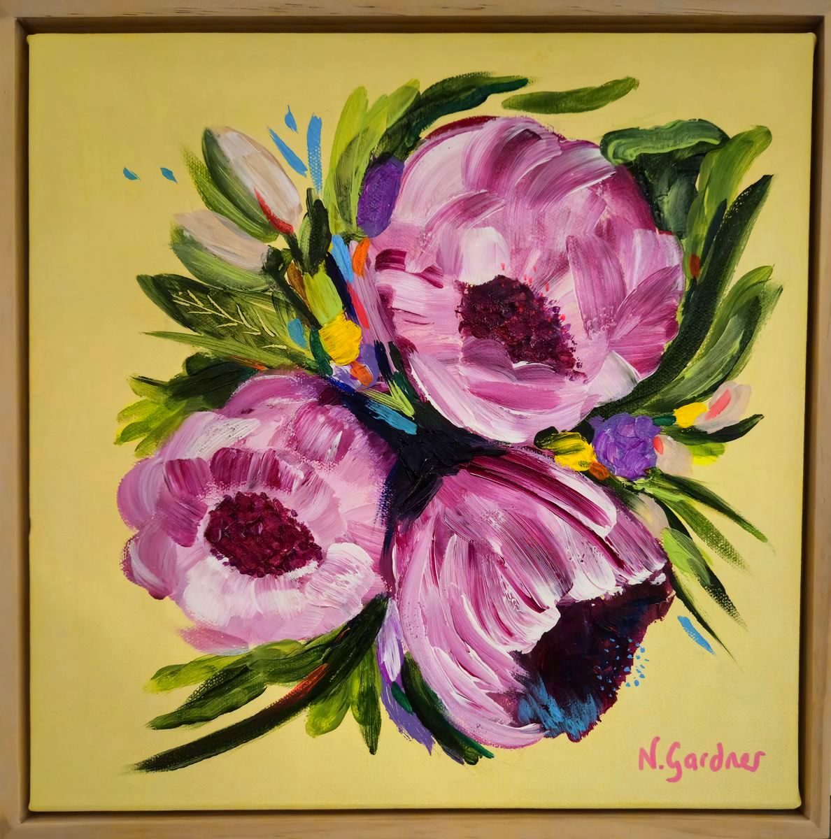 Original painting of pink peonies with vibrant foliage on a soft yellow background, framed in pine