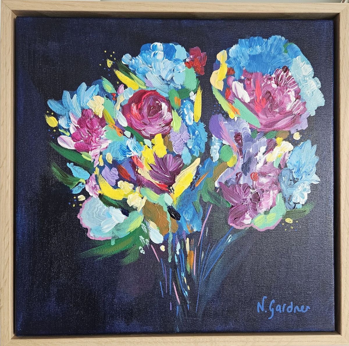 Colourful floral painting on a navy blue background
