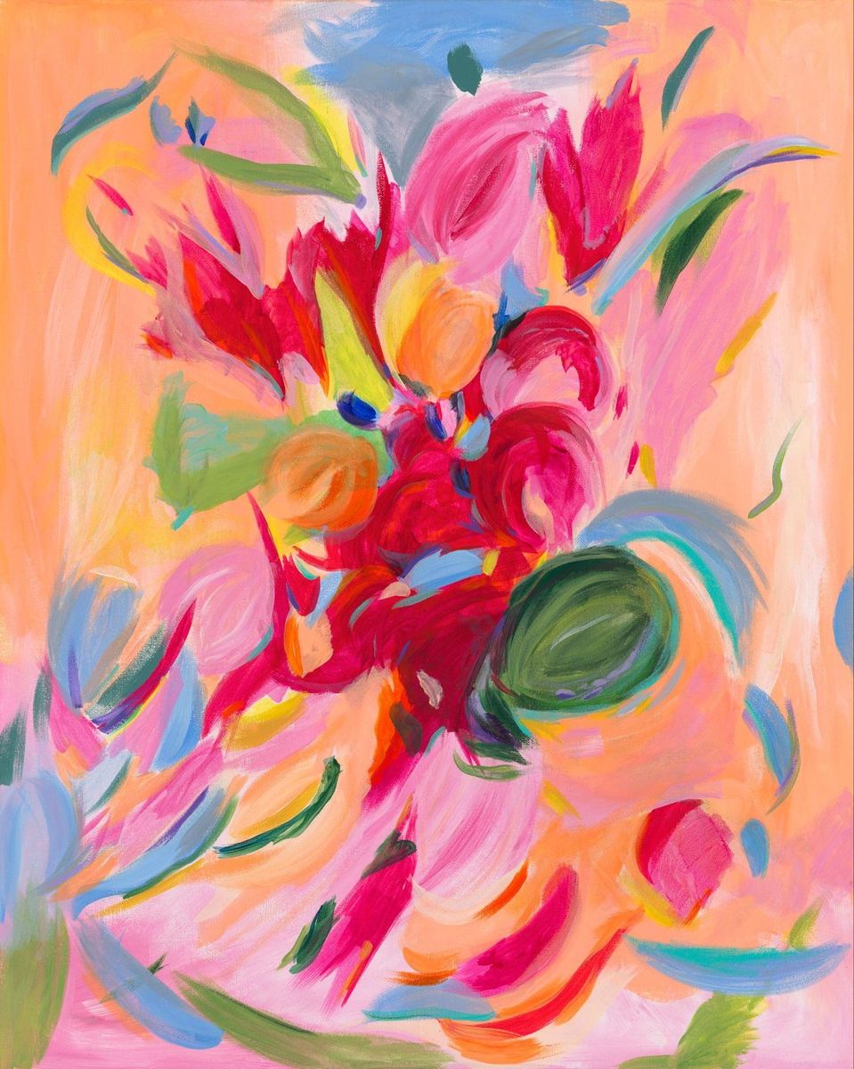 Coral and pink abstract floral painting