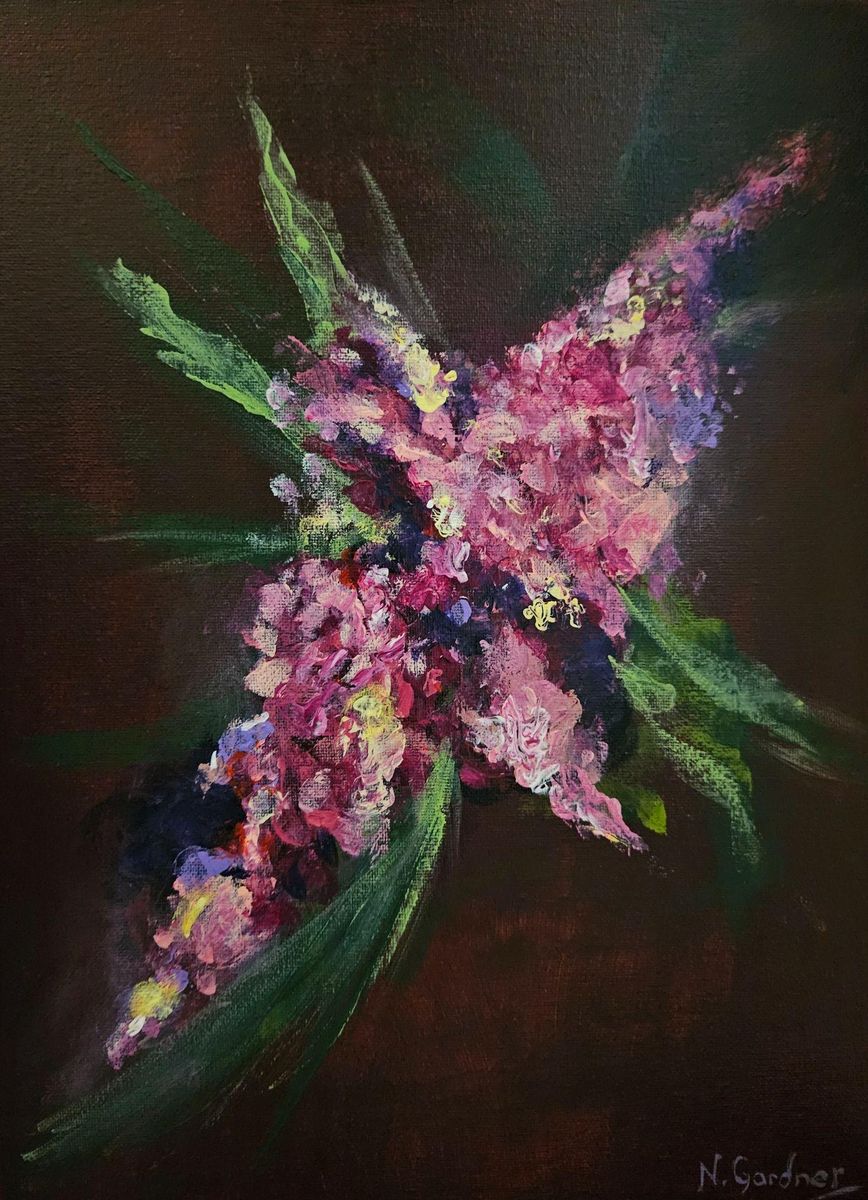Pink hydrangea on a dark background painting