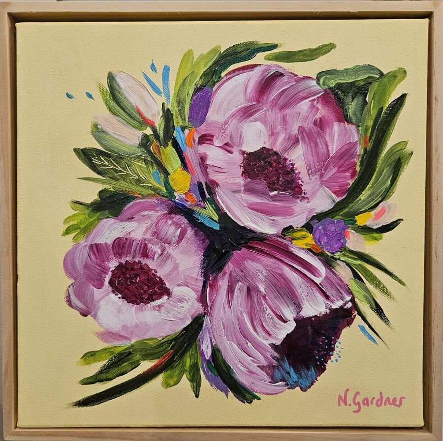 Pink peonies on a yellow background painting