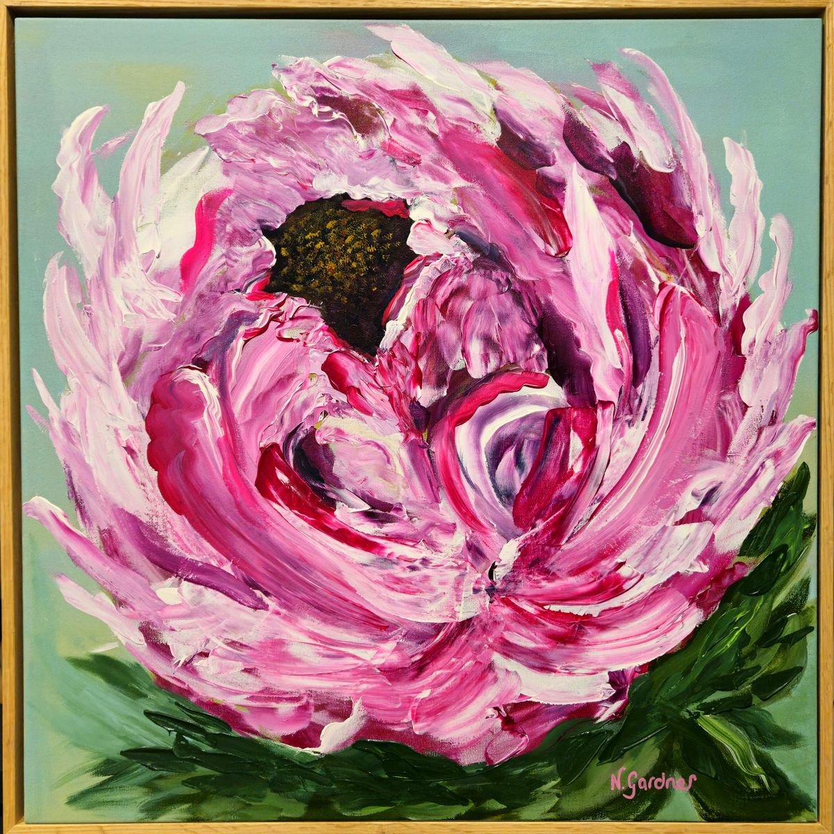 Large original painting of a single sculptural pink peony on a soft green background, framed in oak