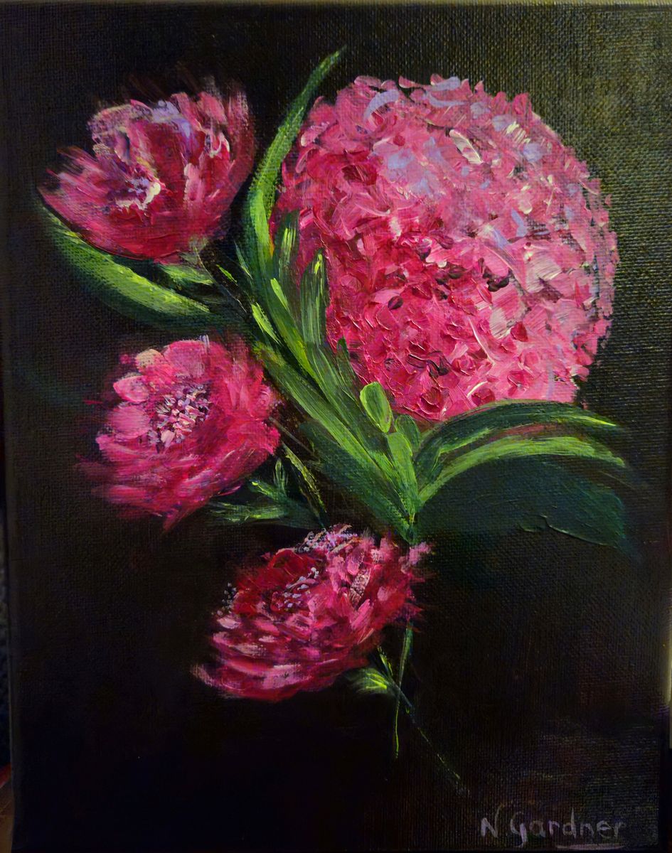 Small original painting of deep pink peonies and a hydrangea against a dark moody background