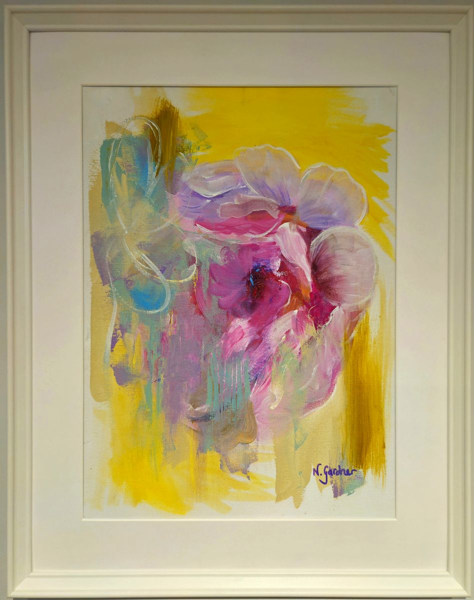 Original soft abstract floral painting in yellows, pinks and lilacs, matted and framed in white