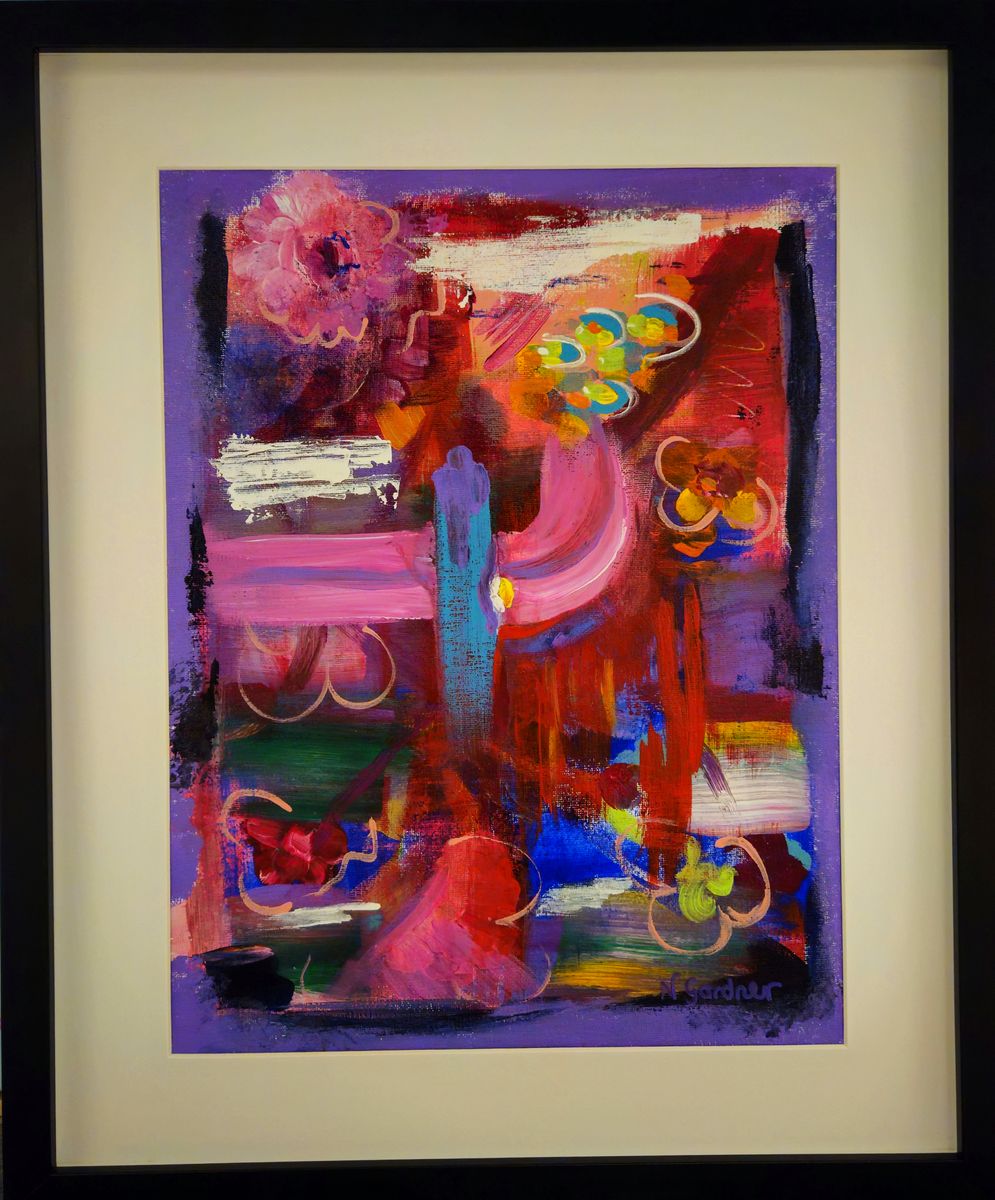 Original abstract painting in reds, pinks and purples with floral motifs, matted and framed in black