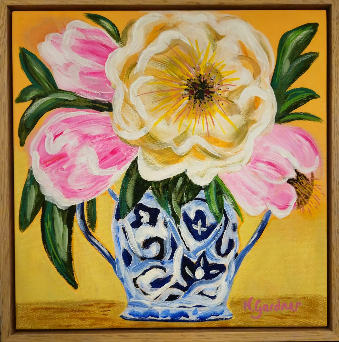 Original painting of white and pink peonies in a blue and white vase against a warm yellow background, framed in solid oak